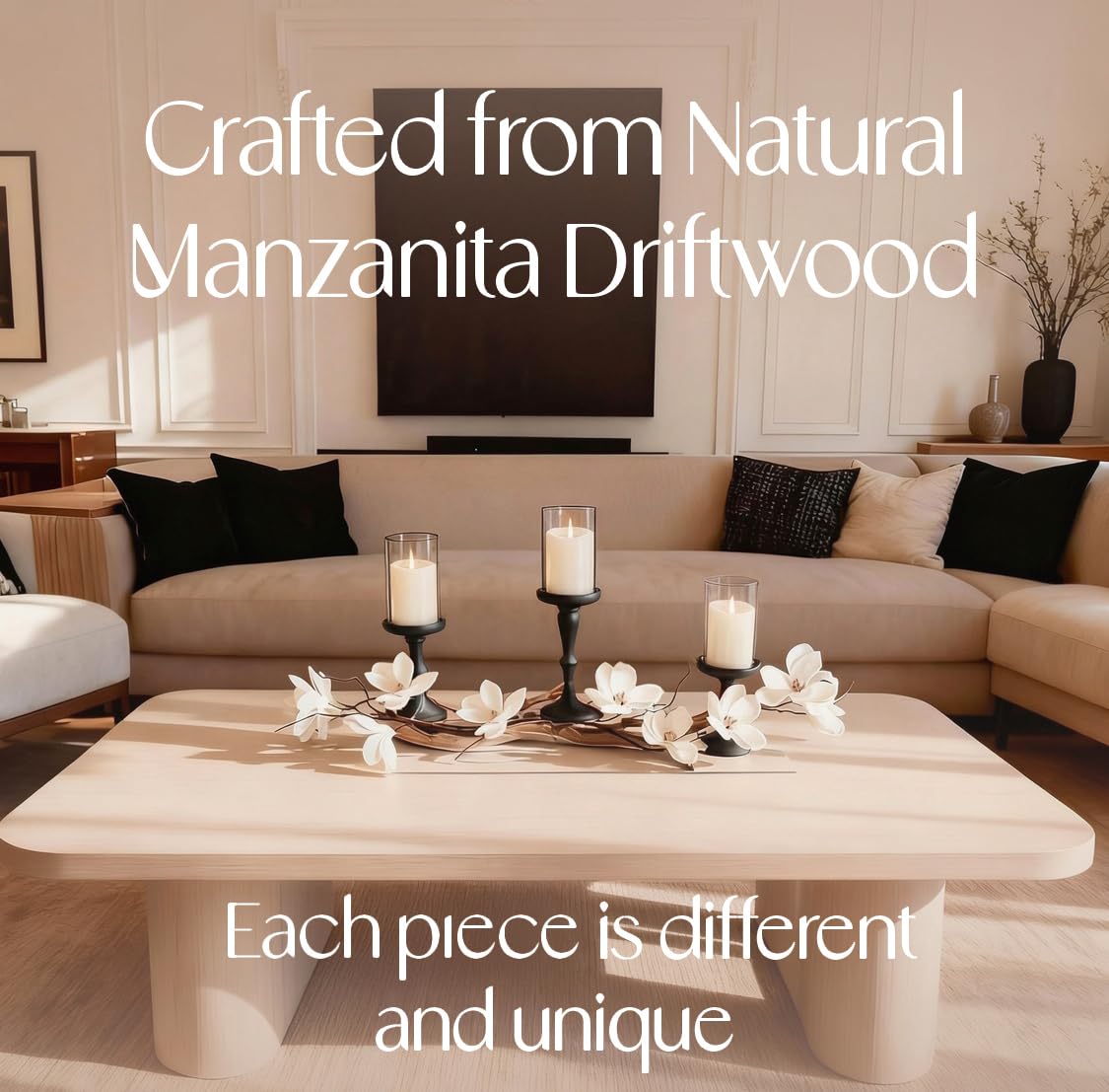 Modern Dining Table Centerpiece, Magnolia Driftwood Candle Holder Set Black