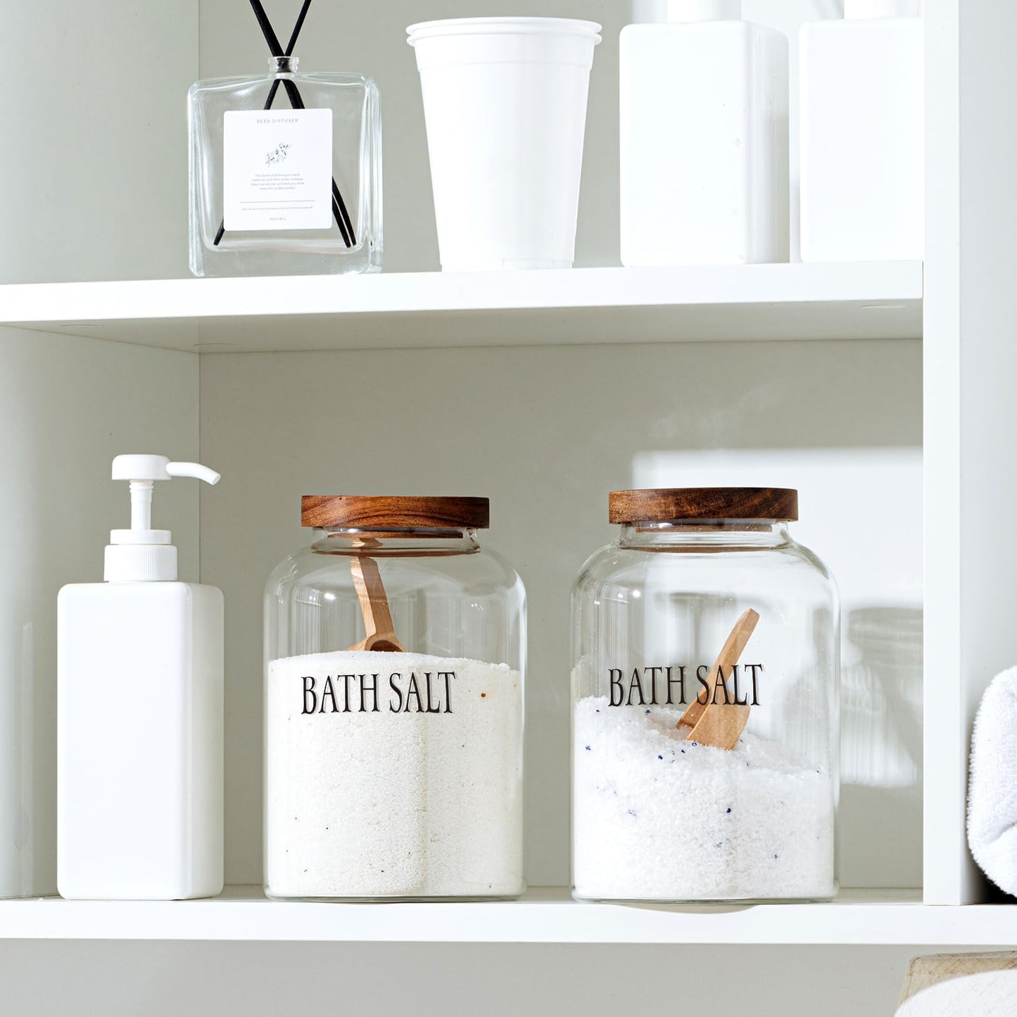 SiliFine 2 Sets 74 oz Glass Bath Salts Jar with Wooden Scoop and Lid, Bath Salt Container for Bathroom Organizers and Storage, Bathtub Accessories for Women Bathroom, Home Decor