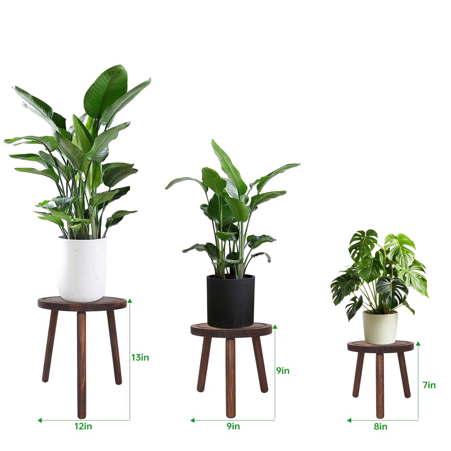 Amdermi 3-Pack Wood Plant Stands Indoor, Single Plant Stand for 6-12 Inch Pots, Mid-Century Modern Plant Stool, Tall Plant Stand for Large Plants for Living Room, Balcony, Office