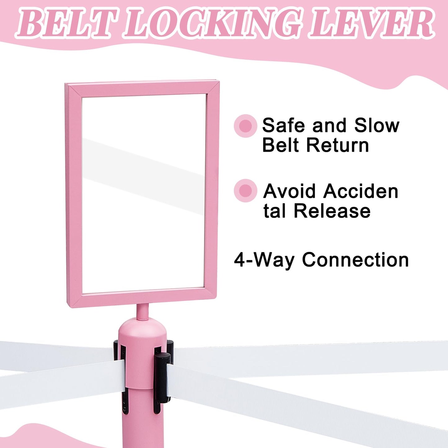 Therwen 6 Pack Heavy Duty Crowd Control Stanchions 9.8 ft Stainless Steel Stanchion Set with 6 Safety Barrier Post Retractable Belt and 1 Sign Holder Crowd Control Barrier(White Belt,Pink)