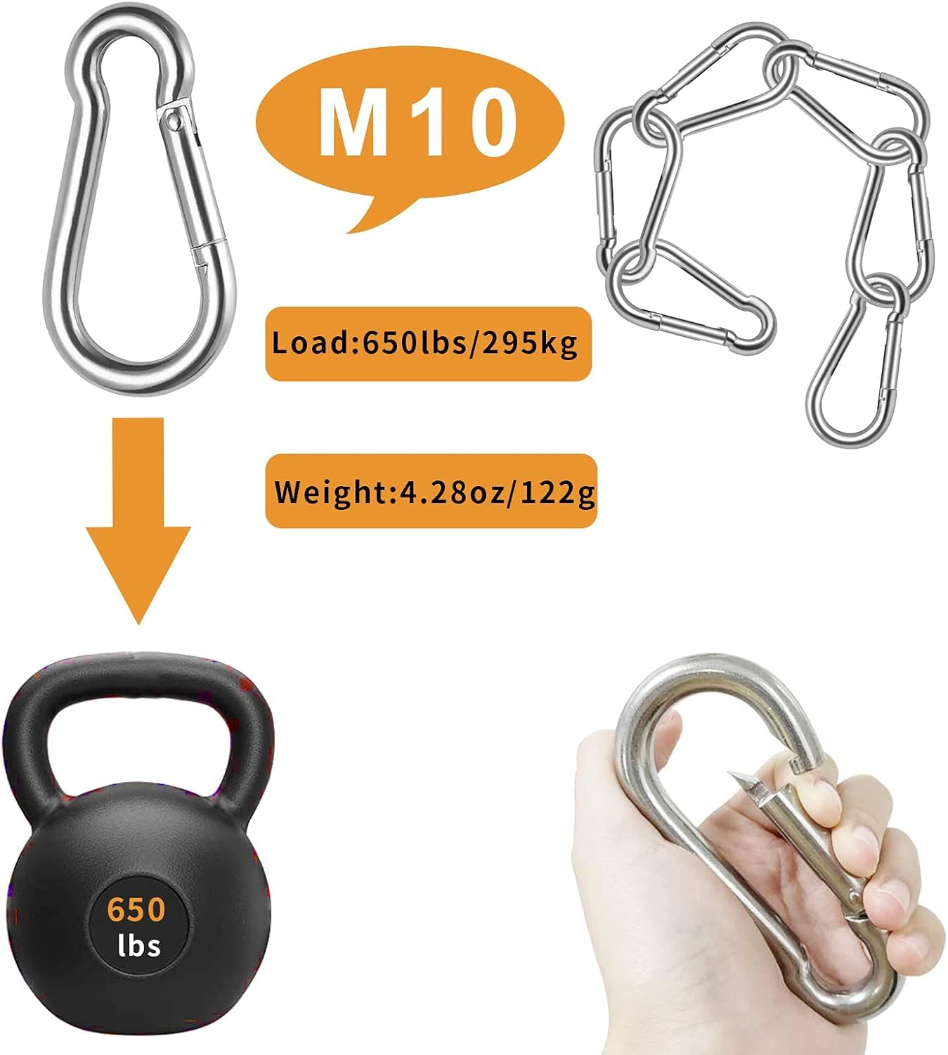 4 Pack 4 Inch Carabiner 304 Stainless Carabiner, M10 Heavy Duty Large Carabiner Clips Qiuck Link Spring Snap Hook Keychain Buckle Rope Connector for Indoor Outdoor Camping Hiking Swing Gym Hammock