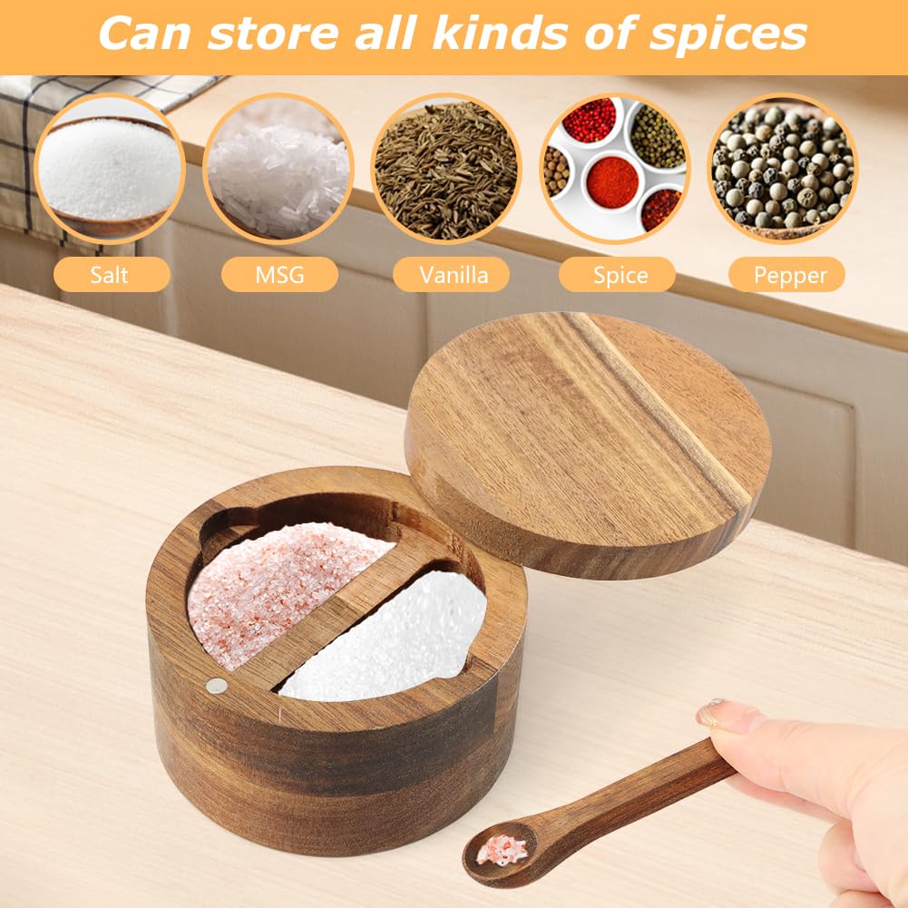 Saycker Wood Salt and Pepper Bowl, with Swivel Lid and Spoon Round Salt Container Spices Storage Box(4.06inchs)