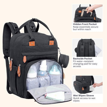 BabbleRoo Baby Changing Bag Backpack, Nappy Changing Back Pack Diaper Bags with Changing Mat & Pacifier Holder for Mom & Dad (Black)
