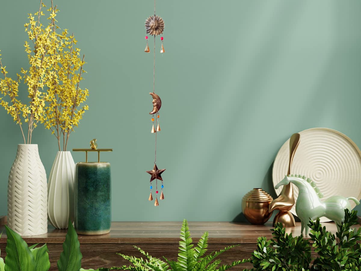 Mie Creations Sun Moon Star Face Wall Hanging Décor Chime Bells | Metal Cutouts Ornaments, Crescent Moon Phases Garland Art | Celestial, Earthy Decorations | Wicca Pagan Christmas Décor -Antique Gold