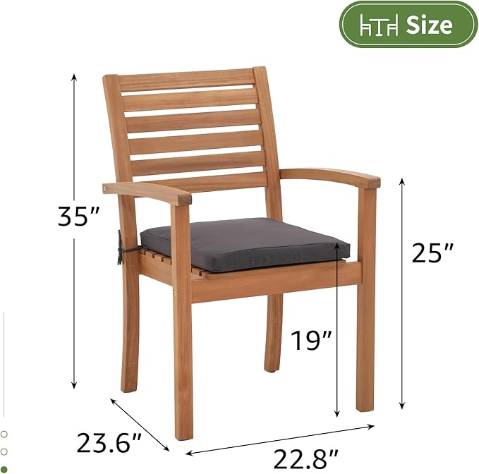 OC Orange-Casual Stackable Patio Dining Chairs Set of 2, Outdoor Acacia Wooden Chairs w/Armrest & Removeable Fabric Cushion, for Porch, Backyard, Garden, Indoor, Dark Grey