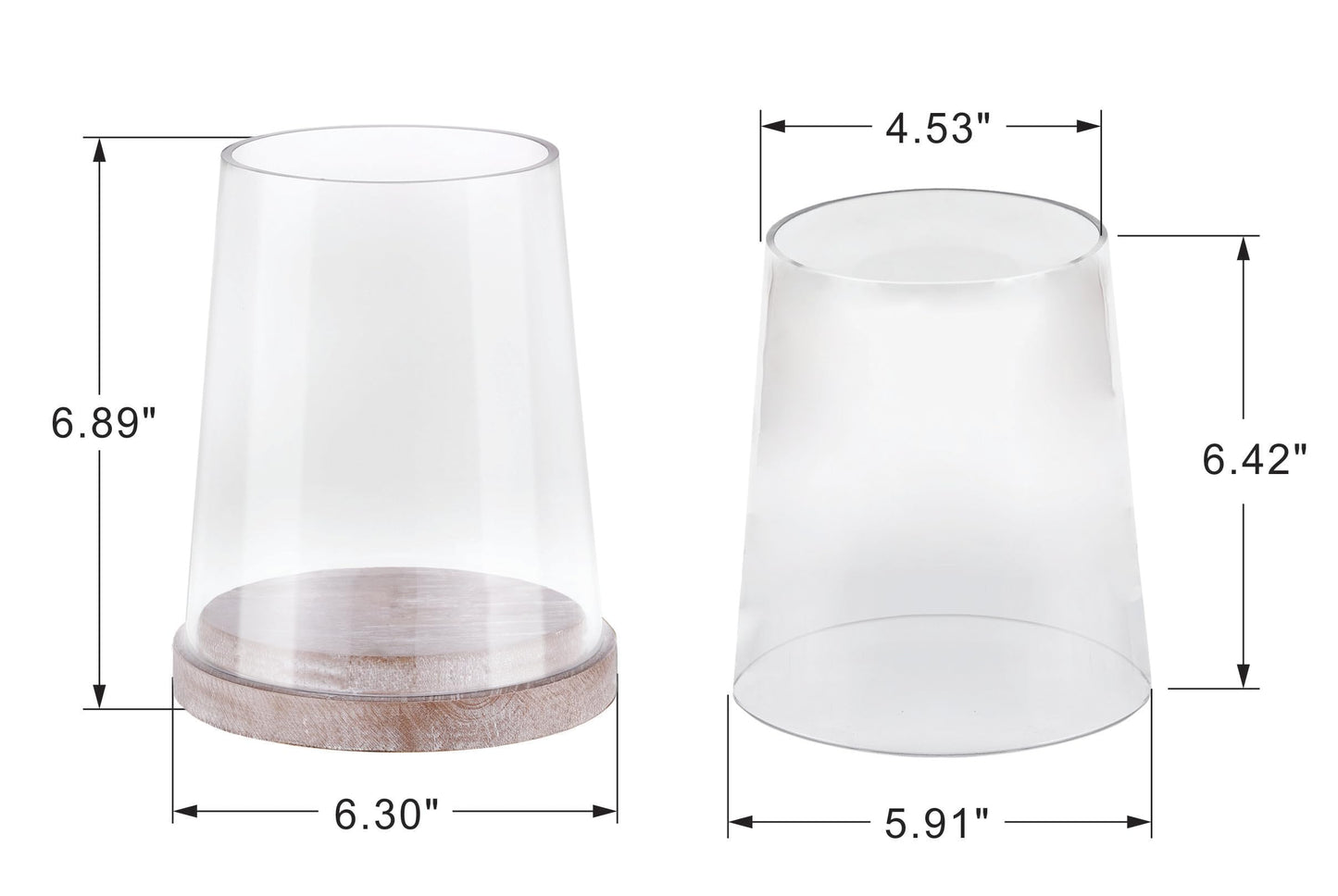 6" Wide Glass Hurricane Candle Holders with Handmade Sturdy Glass Sleeves and Distressed Brown Wood Base for Pillar Candle & Plants, Industrial, Farmhouse, Display Cloche Bell Jars, Table Centerpiece