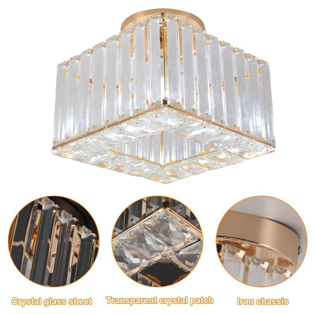 Kadomm Modern Crystal Ceiling Light Fixture, Semi Flush Mount Lighting Glod Finish LED with E26/27 Base for Bedroom, Entryway, Foyer, Hallway, Dining Room
