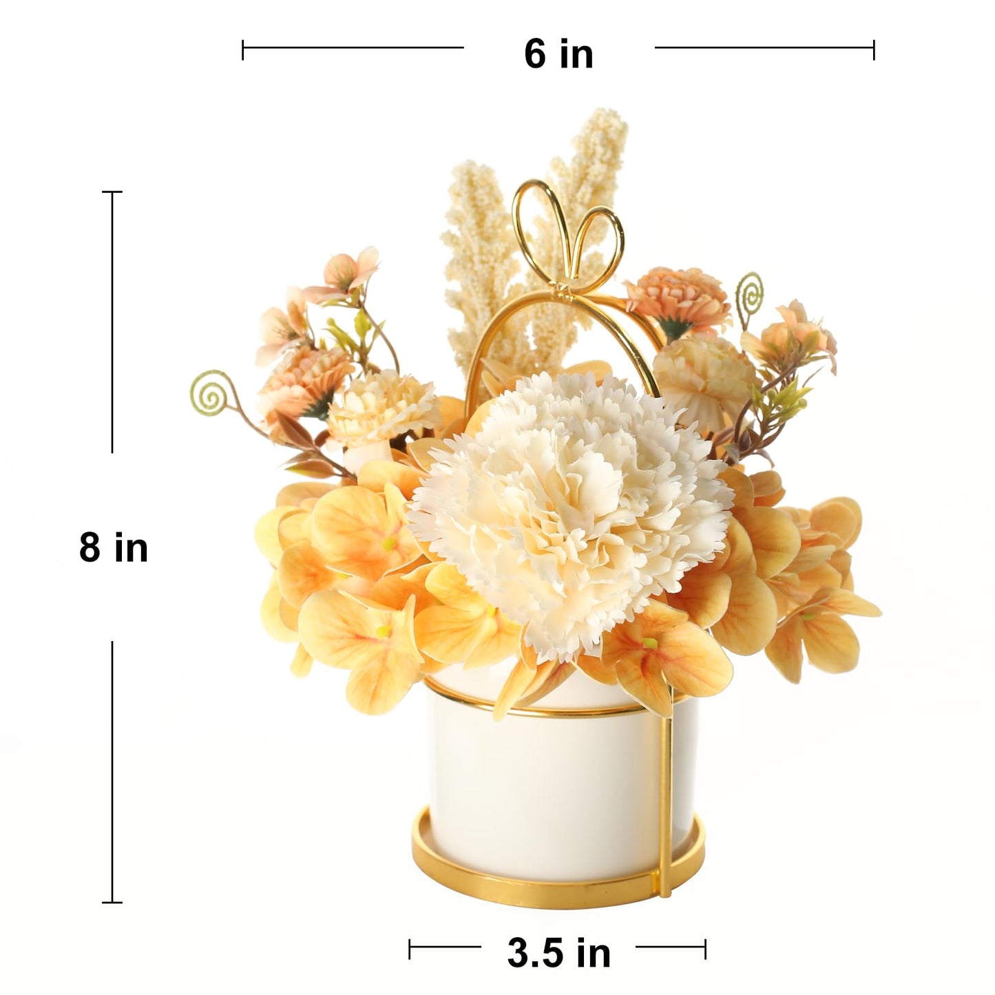 UBOSU Artificial Flower Arrangement with Vase, Champagne Hydrangea Carnation in White Ceramic Pot with Gold Stand, Small Centerpiece for Wedding Dining Room ﻿