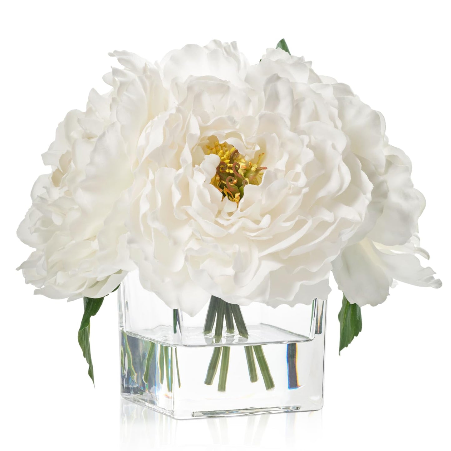 Artificial Peonies Flowers Arrangement in Cube Glass Vase, WELLKNOWN Ivory White Silk Flowers Centerpiece for Home Party Wedding Dining Coffee Table Decor, Faux Peony Flower Bouquet with Fake Water