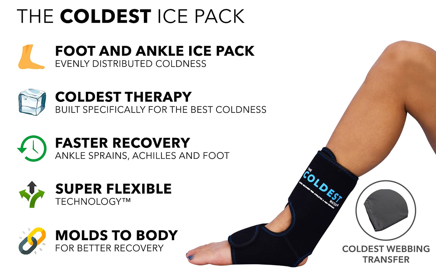 Coldest Foot Ankle Achilles Pain Relief Ice Wrap with 2 Cold Gel Packs | Best for Achilles Tendon Injuries, Plantar Fasciitis, Bursitis & Sore Feet Built for Cold Therapy (2-Pack)