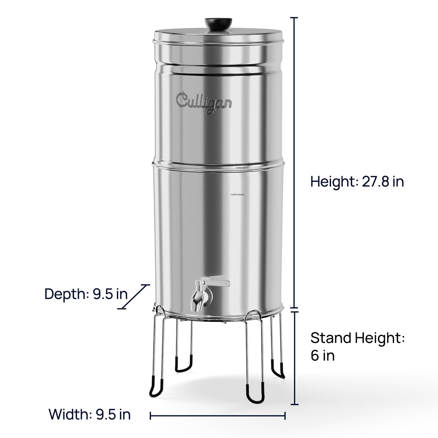 Culligan MaxClear 3 Gallon Gravity Water Filter System, Polished Stainless-Steel Countertop Water Filter NSF/ANSI Certified to Reduce Microplastics, Lead & Total PFAS, with 1 Ceramic Filter