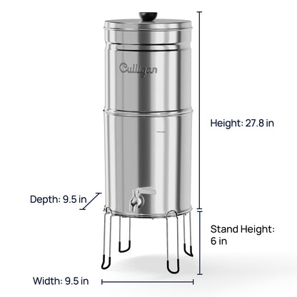 Culligan MaxClear 3 Gallon Gravity Water Filter System, Polished Stainless-Steel Countertop Water Filter NSF/ANSI Certified to Reduce Microplastics, Lead & Total PFAS, with 3 Ceramic Filters