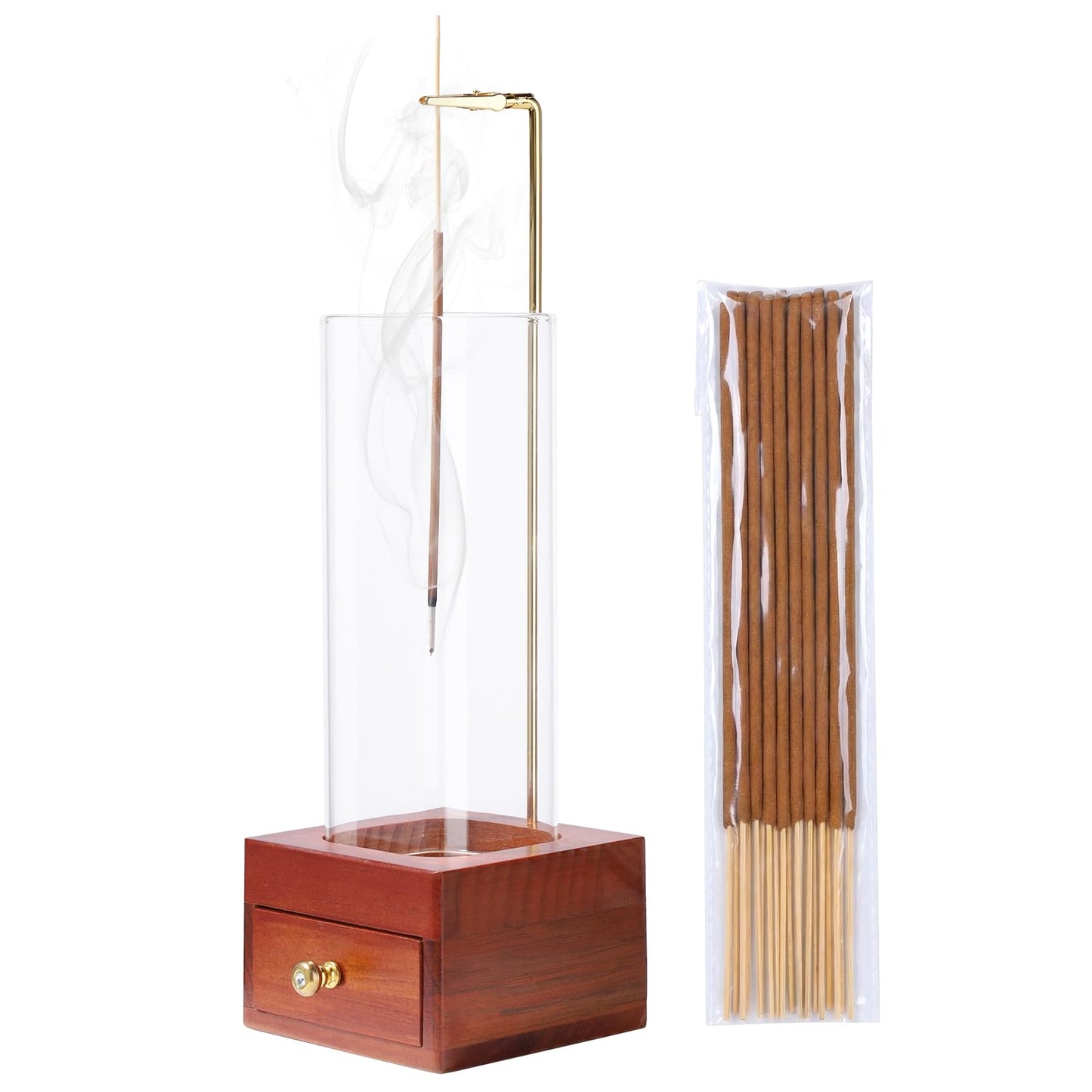 LIGOFLORA Brown Wooden Incense Holder with Easy-Clean Ash Catcher Drawer, Vertical Incense Burner with Windproof Glass Tube & Stainless Steel Base for Meditation, Includes 20 Sticks
