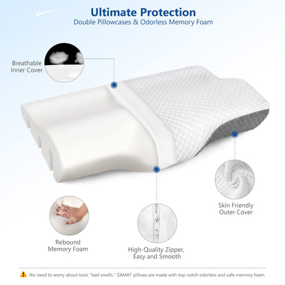 ZAMAT Memory Foam Pillow for Neck Pain Relief, Adjustable Orthopedic Ergonomic Cervical Pillow for Sleeping with Washable Cover, Bed Pillows for Side, Back, Stomach Sleepers