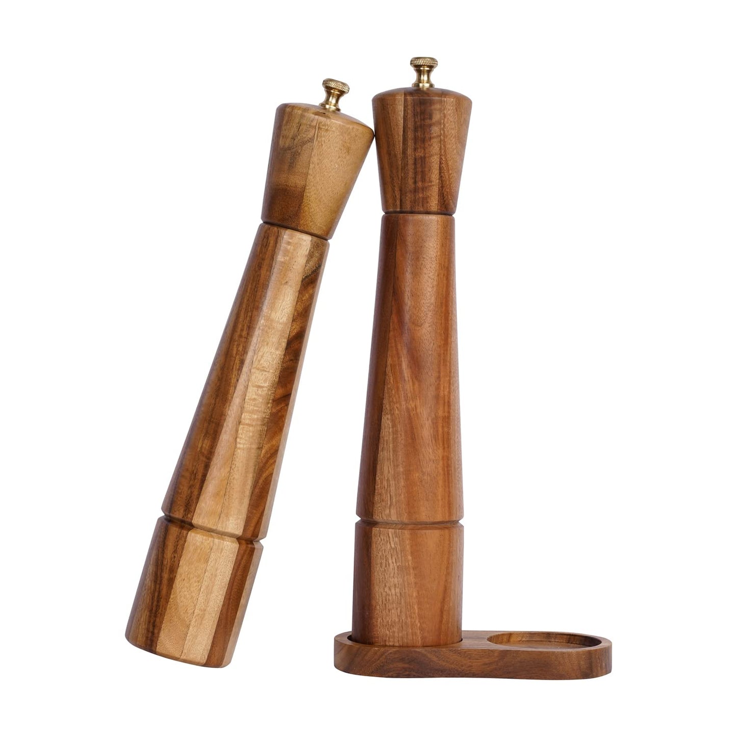 DeroTeno Salt and Pepper Grinder Set with Tray, Adjustable Ceramic Grinder Salt Mill, Stainless Steel Grinder Pepper Mill, Acacia Wood, 32 cm / 12 inch Height, Bottom Dia 6 cm (Tray is Included)