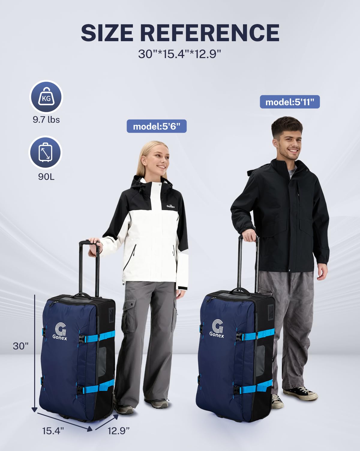 Gonex Rolling Duffle Bag with Wheels, Water-repellent 90L Nylon Large Wheeled Travel Duffel Luggage with TSA Lock & Telescopic Handle 30 inch, Dark Blue