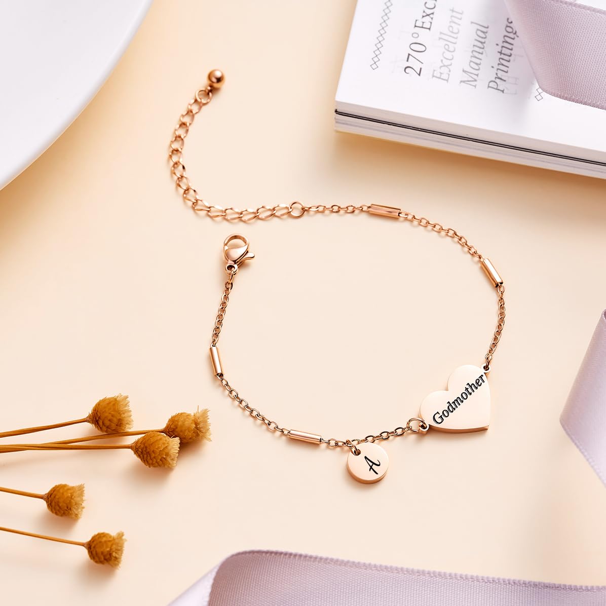 CHENVA Godmother Gifts Initial Bracelet Bangle for Women Gift for Godmother from Goddaughter (Godmother Bracelet-A-Rose Gold)