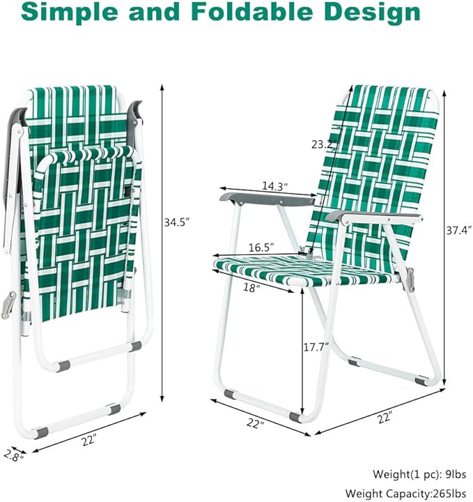 VINGLI Patio Lawn Webbed Folding Chairs Set of 4, Outdoor Beach Chair Portable Dining Chair for ir for Outdoor Yard, Garden(Green, Classic)