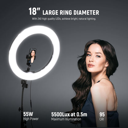 NEEWER Ring Light Kit: 18"/45cm Outer 55W 5600K Dimmable LED Ring Light, Light Stand, Carrying Bag for Camera, Smartphone, YouTube, TikTok, Self Portrait Shooting, Black