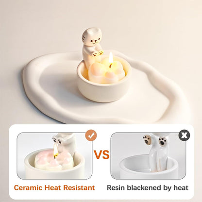 ProNature Kitten Candle Holder with 2 Cat Keychains, Ceramic Cat Mom Gifts, Cute Cat Home Decor Candlestick, Cat Lover Gifts for Women, White（Candle not Included