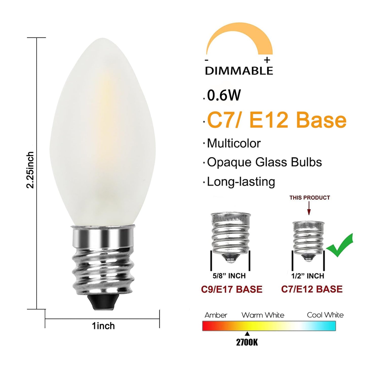 GOOTHY 25 Pack C7 LED Frosted White Light Bulbs, Shatterproof Christmas Replacement Bulb for Outdoor Patio String Lights, E12 Candelabra Base LED Night Lights Candles Bulbs, 2700K Warm White
