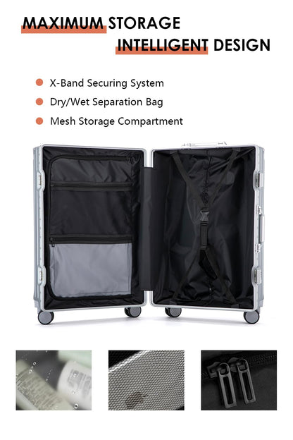 HotWay PC Hard Shell Checked Suitcase with Aluminum Frame, Luggage with Cup Holder and USB Port, Zipperless Luggage for Business Travel (Silver, Checked In 24Inch)