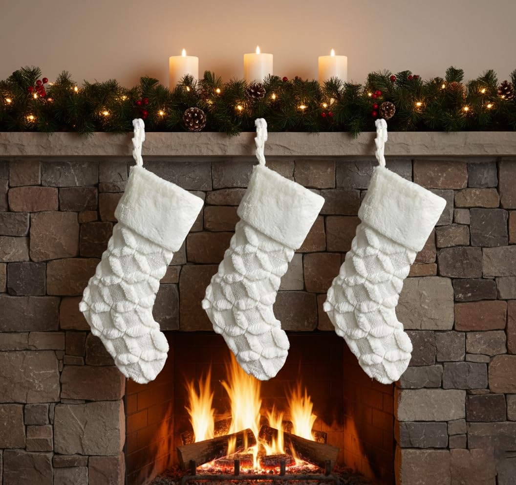 AISENO 3 Pack 20 Inch Faux Fur Christmas Stockings Cable Knit Knitted Thick Decoration for Merry Christmas Party Xmas Home Decorations