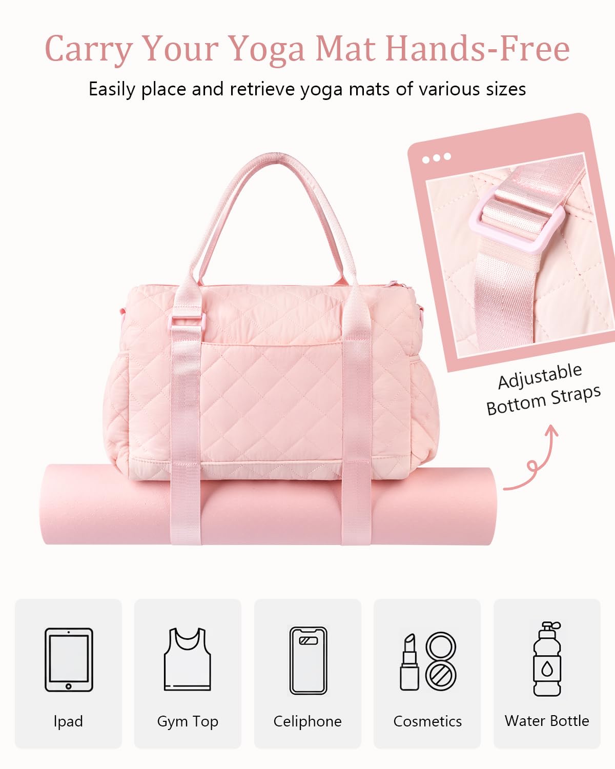 KUIRAN Gym Bag for Women with Yoga Mat Holder, Small Mini Gym Tote Bag Puffy Quilted Lightweight Sports Duffel Bag with Wet Compartment for Dance Yoga Workout Travel - Pink