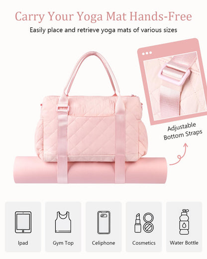 KUIRAN Gym Bag for Women with Yoga Mat Holder, Small Mini Gym Tote Bag Puffy Quilted Lightweight Sports Duffel Bag with Wet Compartment for Dance Yoga Workout Travel - Pink