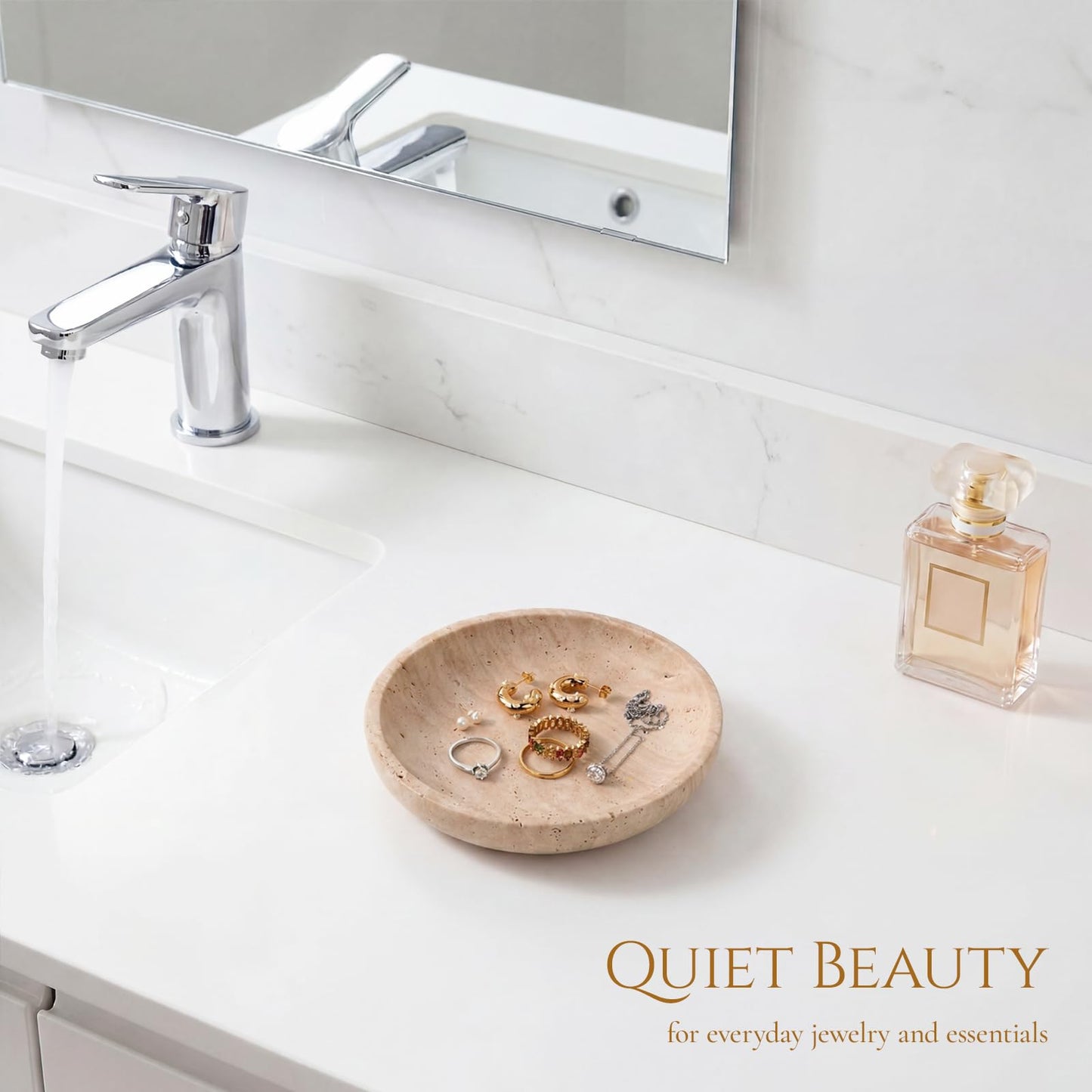Gixemeva Natural Travertine Valet Tray - 5.5" Round Stone Jewelry Trinket Dish Catchall for Keys, Watches, Rings - Decorative Beige Bowl for Entryway, Nightstand, Bathroom Vanity