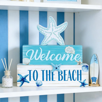 Beach Decorations for Home, MEETYAMOR 3-Layered Starfish Seashell Coastal Wood Block Beach Decor, TO THE BEACH Sign Ocean Decor for the Home, Table, Mantel