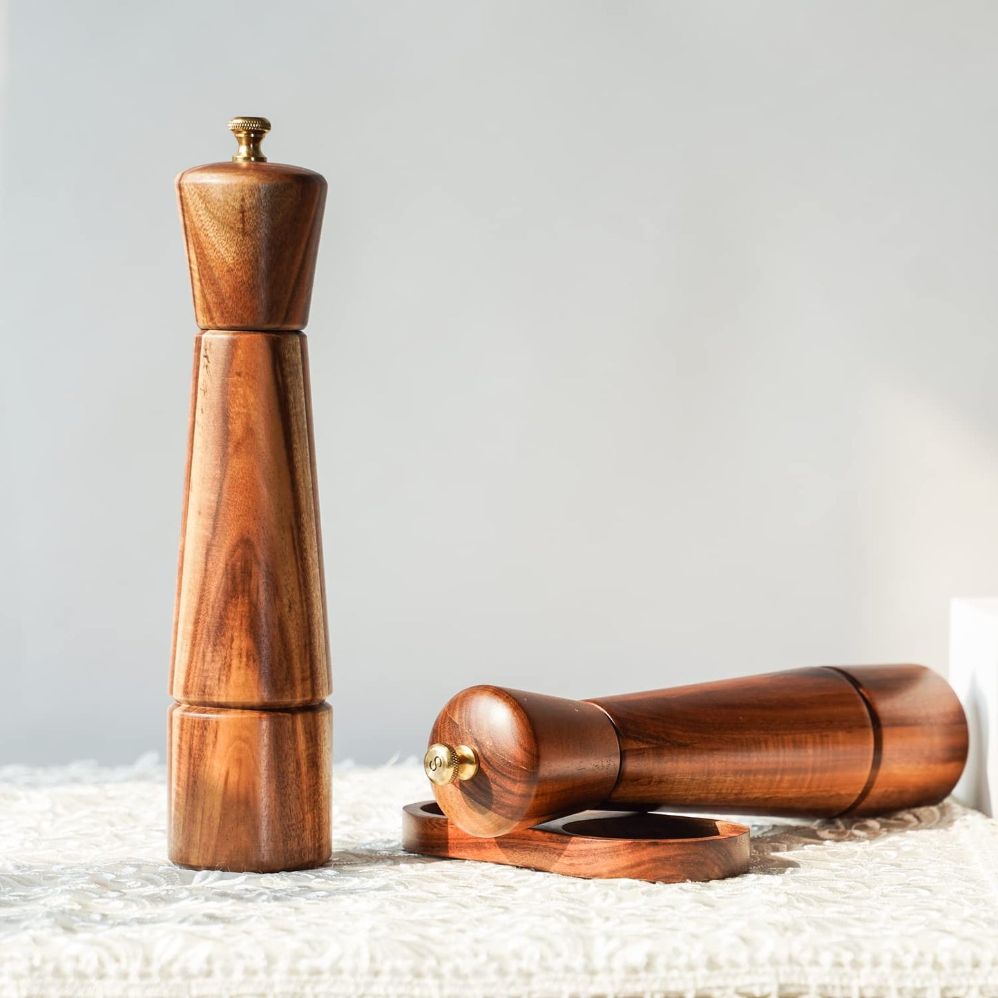 DeroTeno Salt and Pepper Mill Set with Tray, Adjustable Ceramic Grinder Salt Mill, Stainless Steel Grinder Pepper Mill, Acacia Wood, 27 cm / 10 inch Height, Bottom Dia 6 cm (Tray is Included)