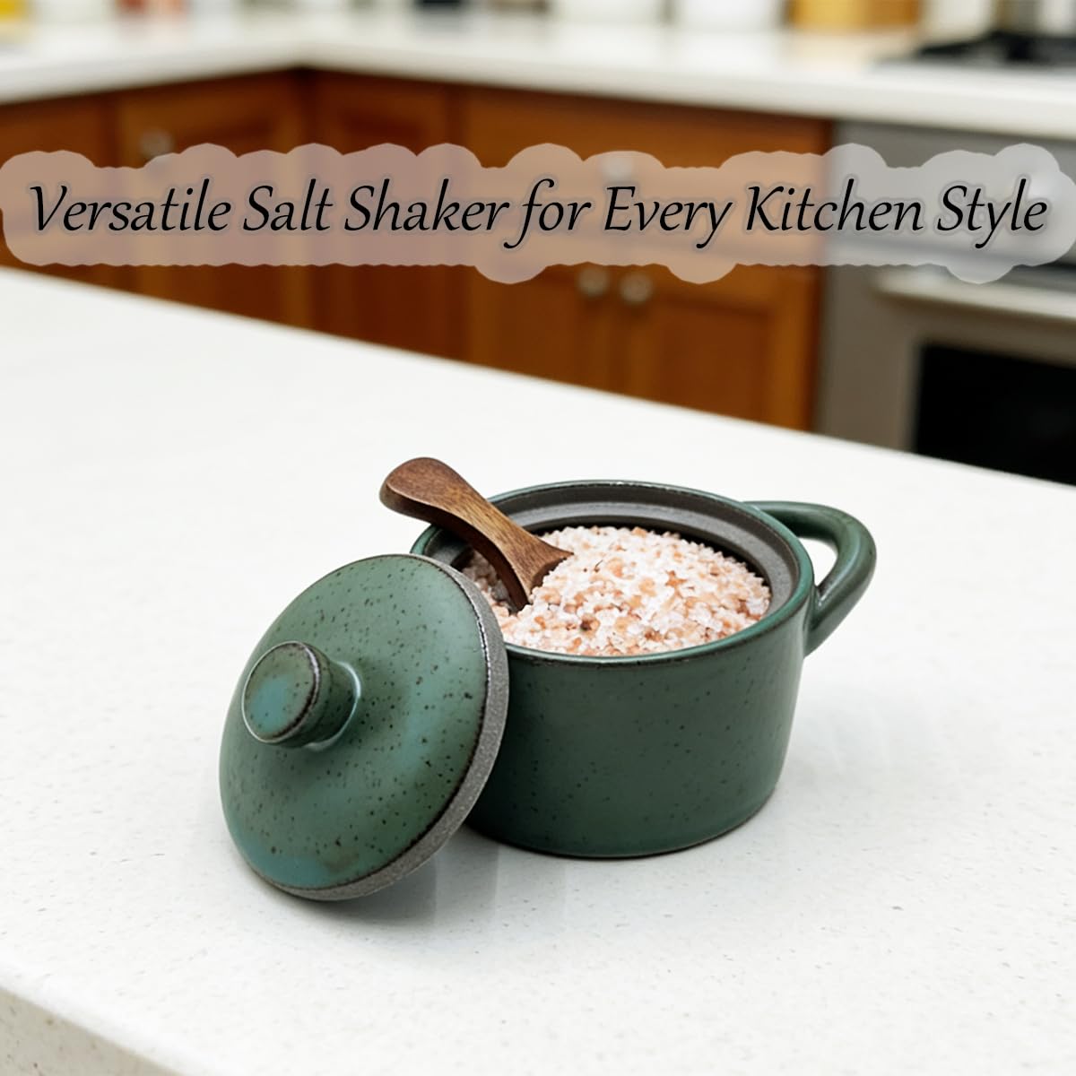 EWEIGEER Ceramic Salt Cellar With Lid & Spoon,8oz Salt Container For Countertop,Sugar Bowl,Spice Jar(Green)