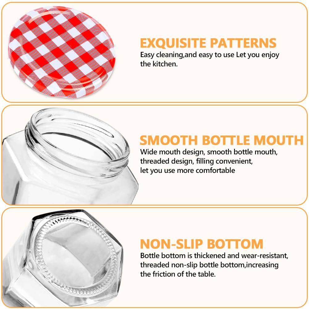 Showvigor Glass Jam Jars with Red Gingham Lid - 280ml/9oz - Hexagonal Storage Glass Jars, Clear Airtight Jar for Pickling, Chutney, Jam, Coffee - 6 Set