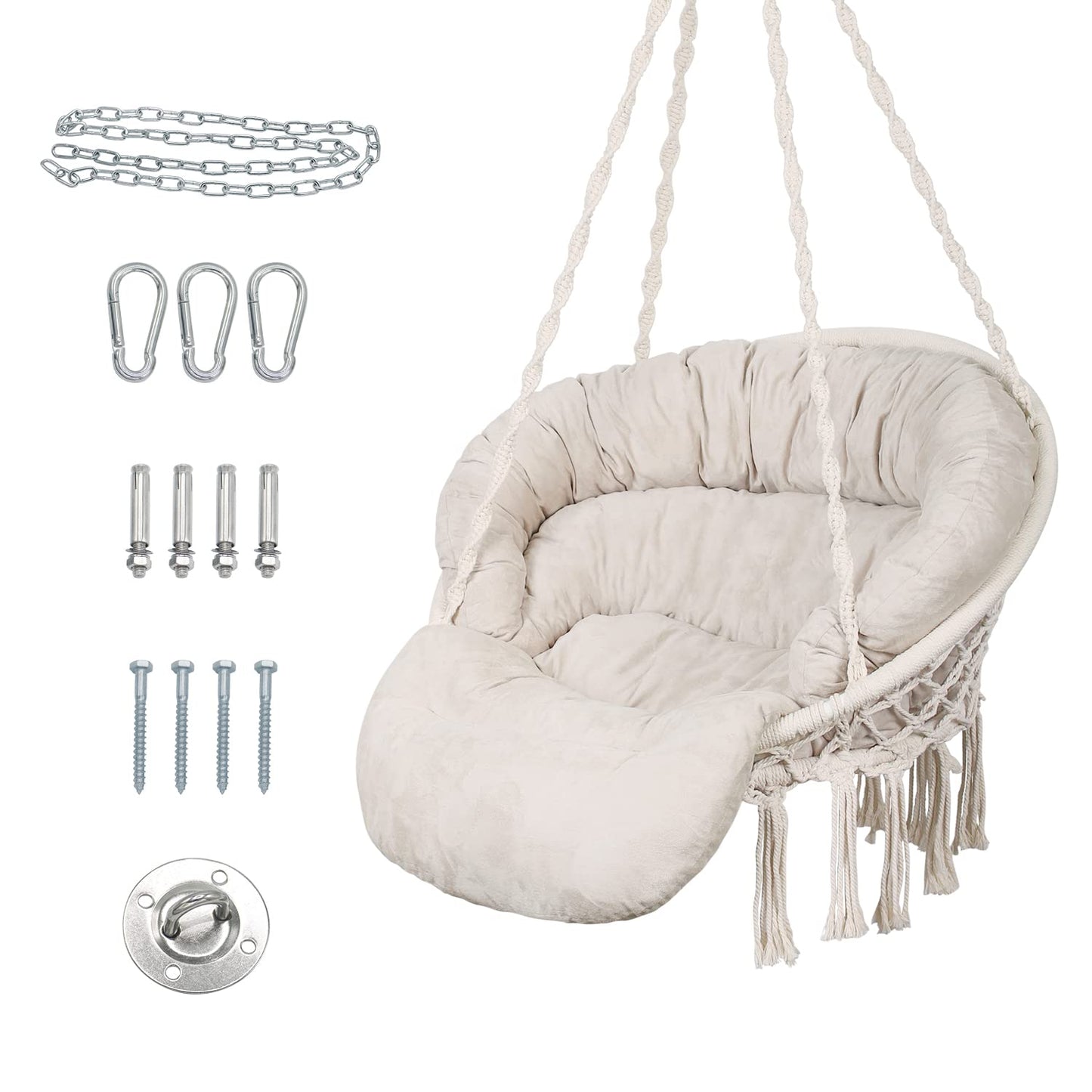 Hammock Chair with Cushion, Handmade Macrame Swing Chair with Hanging Hardware Kits, Bohemian Style Cotton Rope Hanging Chair for Bedroom Indoor Outdoor, Beige