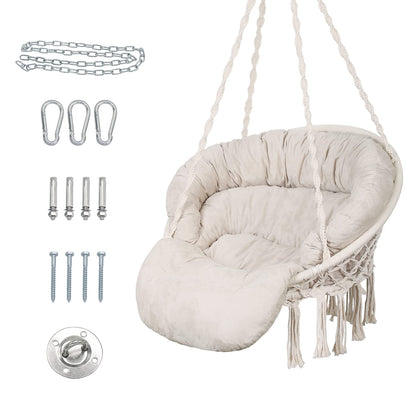 Hammock Chair with Cushion, Handmade Macrame Swing Chair with Hanging Hardware Kits, Bohemian Style Cotton Rope Hanging Chair for Bedroom Indoor Outdoor, Beige