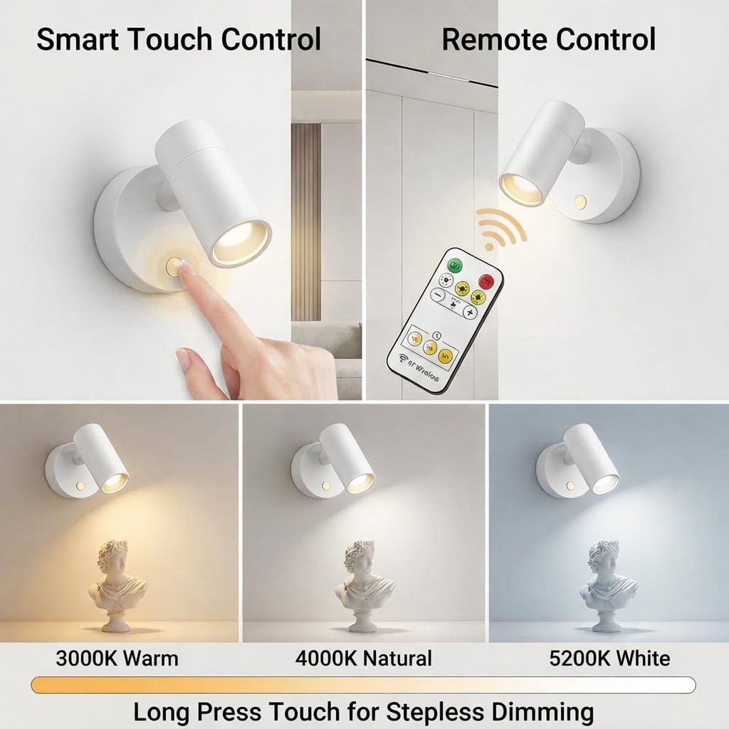 Lsoppn Magnetic Rechargeable Picture Light 2 Pack, Wireless Art Spotlight with Remote & Touch Control, 3 Color Temps Dimmable Wall Light, 2000mAh Battery Accent Lighting for Painting, Gallery, Display