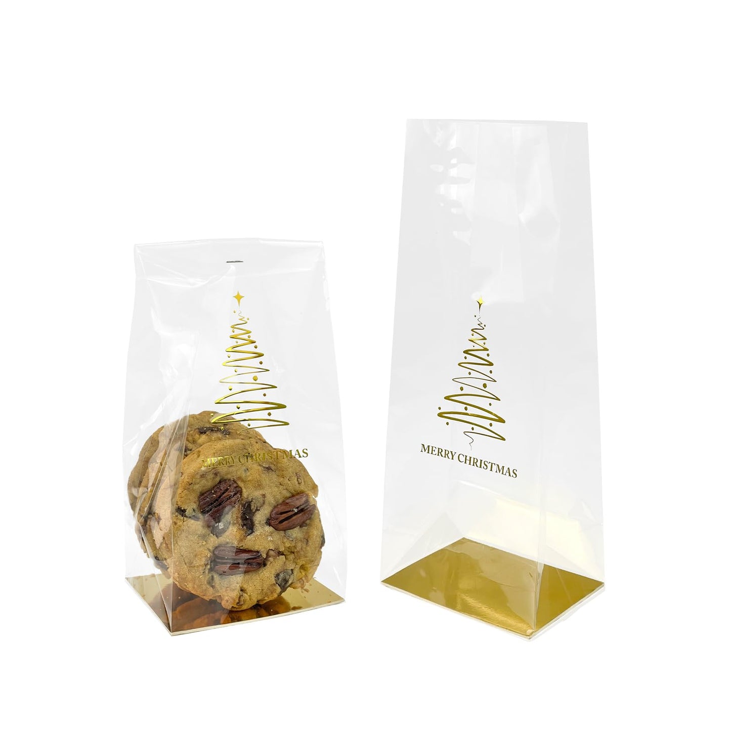 EKAPACKAGING 25 Pcs 4x3x10 Inch Gusseted Cellophane Bags Flat Bottom, Christmas Cookie Bags with Ties, Clear Cello Treat Bags for Smores, Party Favors, and Gifts