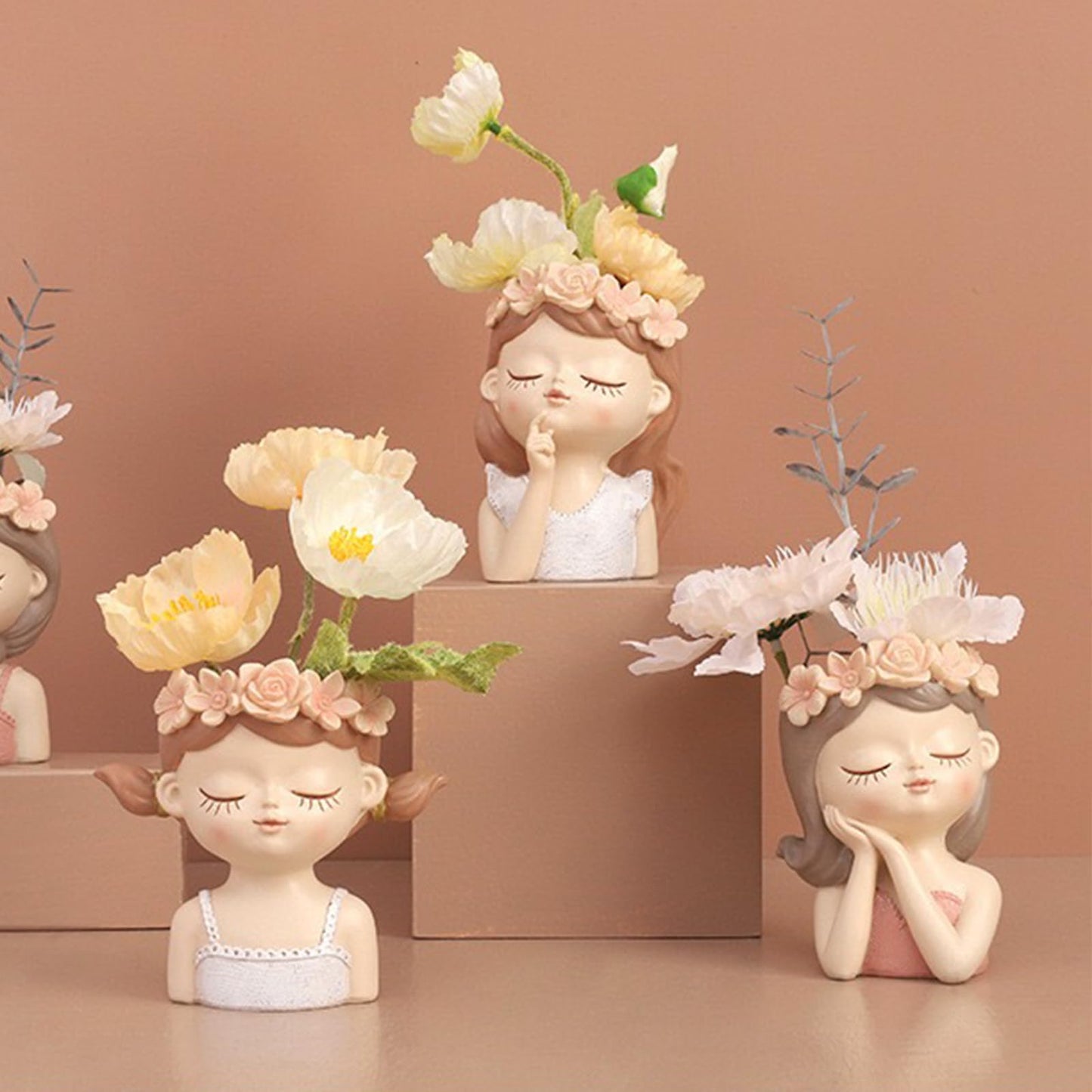 Cute Angel Face Succulent Planter Pot with Drainage Hole, Large Girl Face Resin Flower Pot for Indoor&Outdoor, 4.33 inch Tall Lady Head Planter, Unique Garden Home Decor Gift for Plant Lovers - Pink