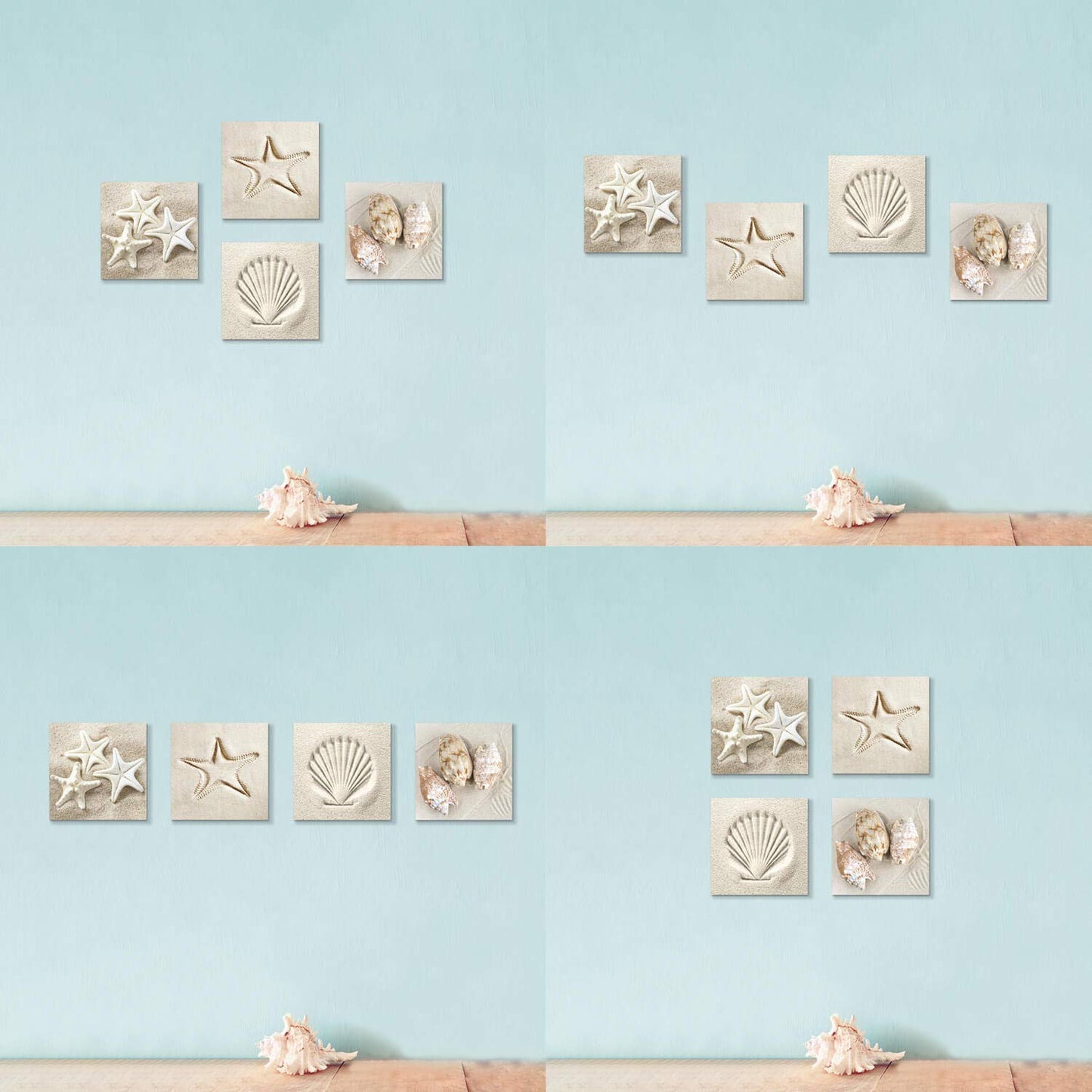 Hardy Gallery Coastal Serene Canvas Wall Art: Shells on Beach Sand Giclee Print Painting for Wall Decor for SPA Room (12''x12''x4pcs)