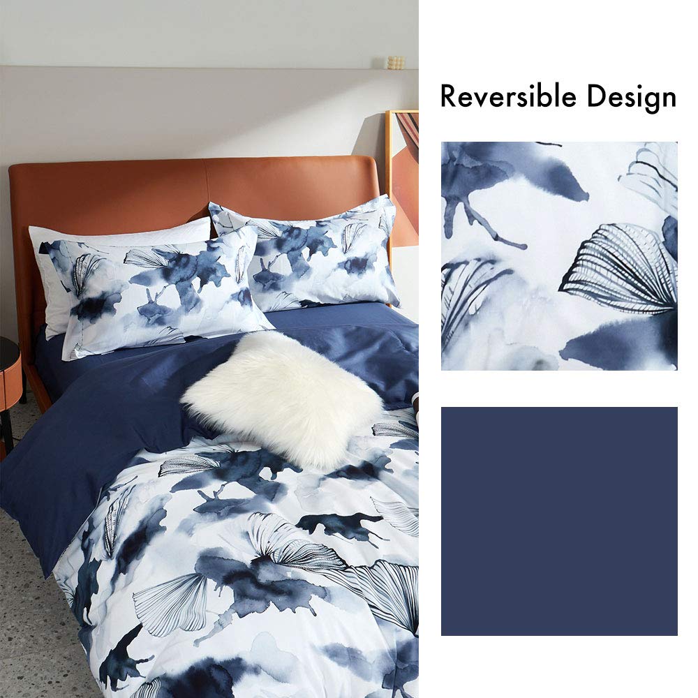 MILDLY 100% Long Staple Cotton Duvet Cover Set Dark Blue Ginkgo Leaf Watercolor Comforter Cover Set