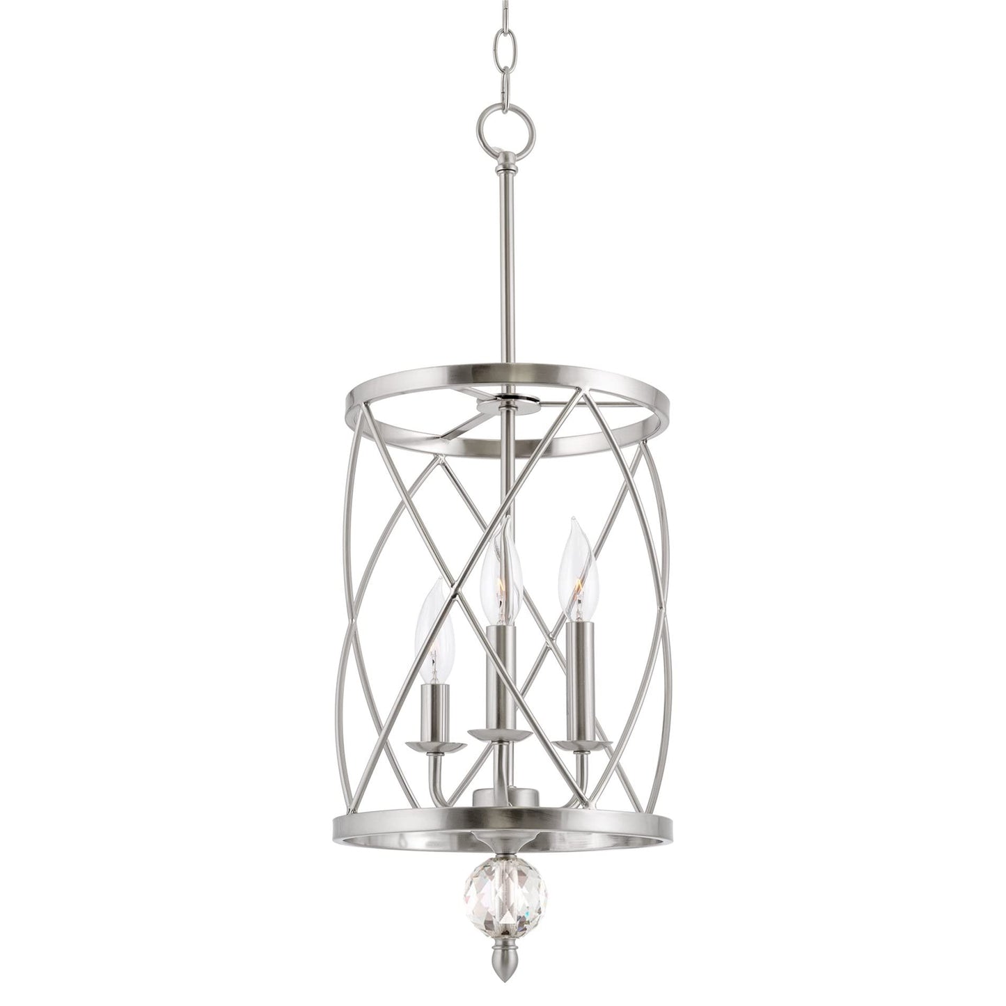 Kira Home Eleanor 27" Modern 3-Light Geometric Lantern Chandelier, Cylinder Trellis Cage Pendant Light with Crystal Finial, Brushed Nickel Finish