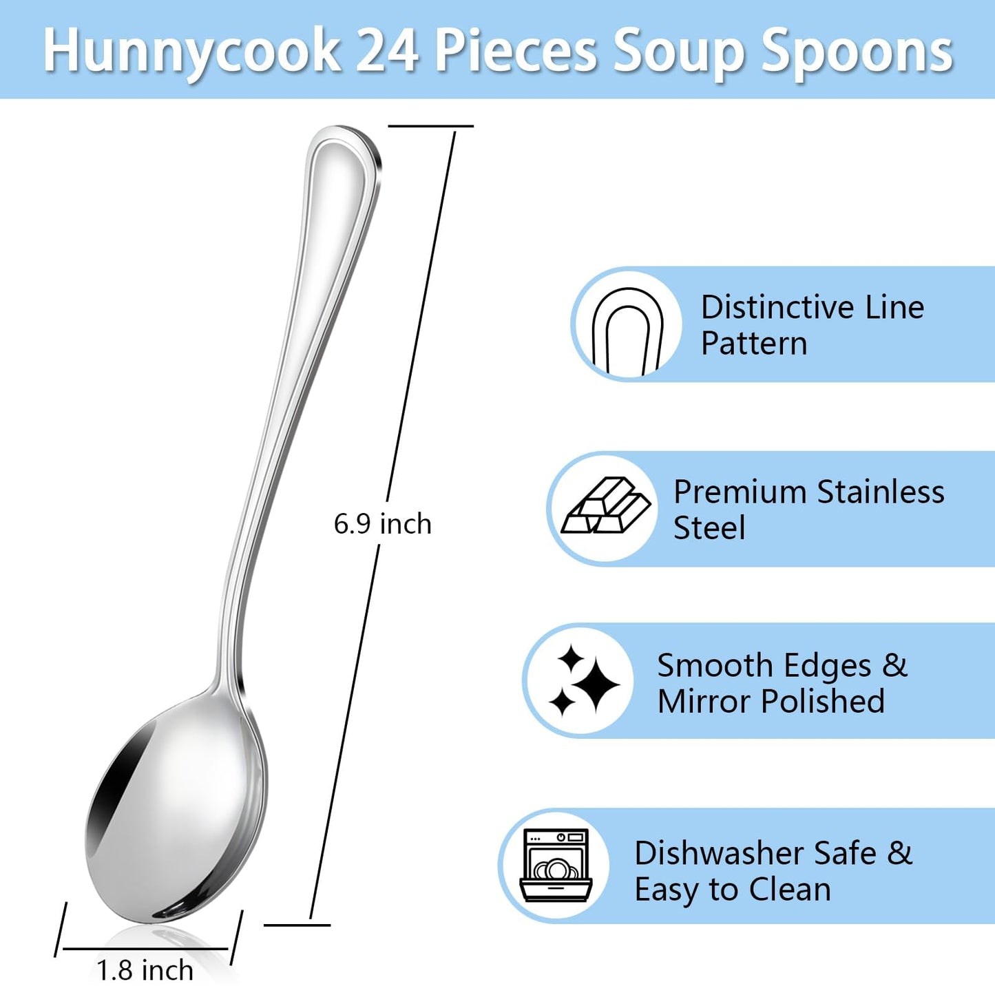 Hunnycook 24-Piece Soup Spoons - Round Spoon, 6.9 Inch Stainless Steel Korean Spoons for Soup, Cereal, Dessert, Dishwasher Safe & Line Pattern