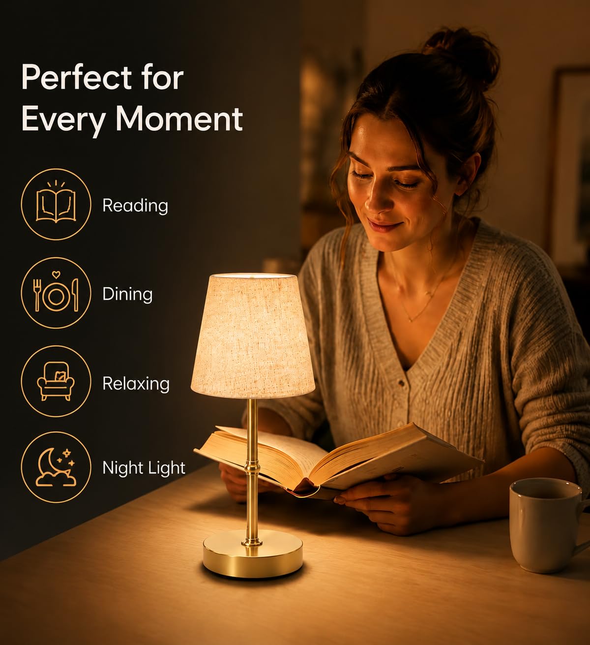 FAPEMIH Cordless Rechargeable LED Table Lamp, 6000mAh Battery, Soft Warm Light, Dimmable & Touch Control, Bedside & Dining Night Light, Portable Cozy Ambient Lamp，Gold