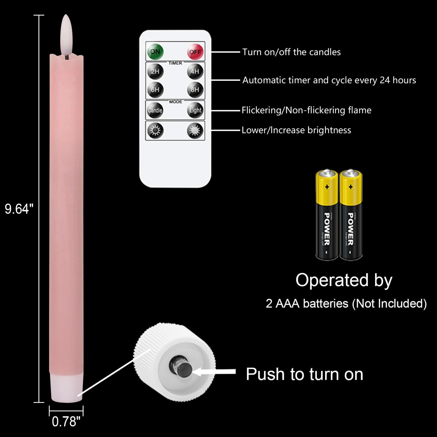 GenSwin Flameless Pink Taper Candles Flickering with 10-Key Remote, Battery Operated Led Warm 3D Wick Light Window Candles Real Wax Pack of 6, Christmas Home Wedding Decor(0.78 X 9.64 Inch)