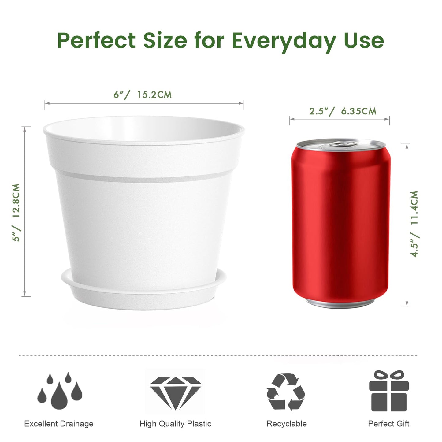 SwinDuck 20 Pack 6 Inch Plant Pots with Drainage and Saucers, White Plastic Flower Pots for Indoor and Outdoor Plants, Stackable Nursery Planters for Houseplants and Herbs, White