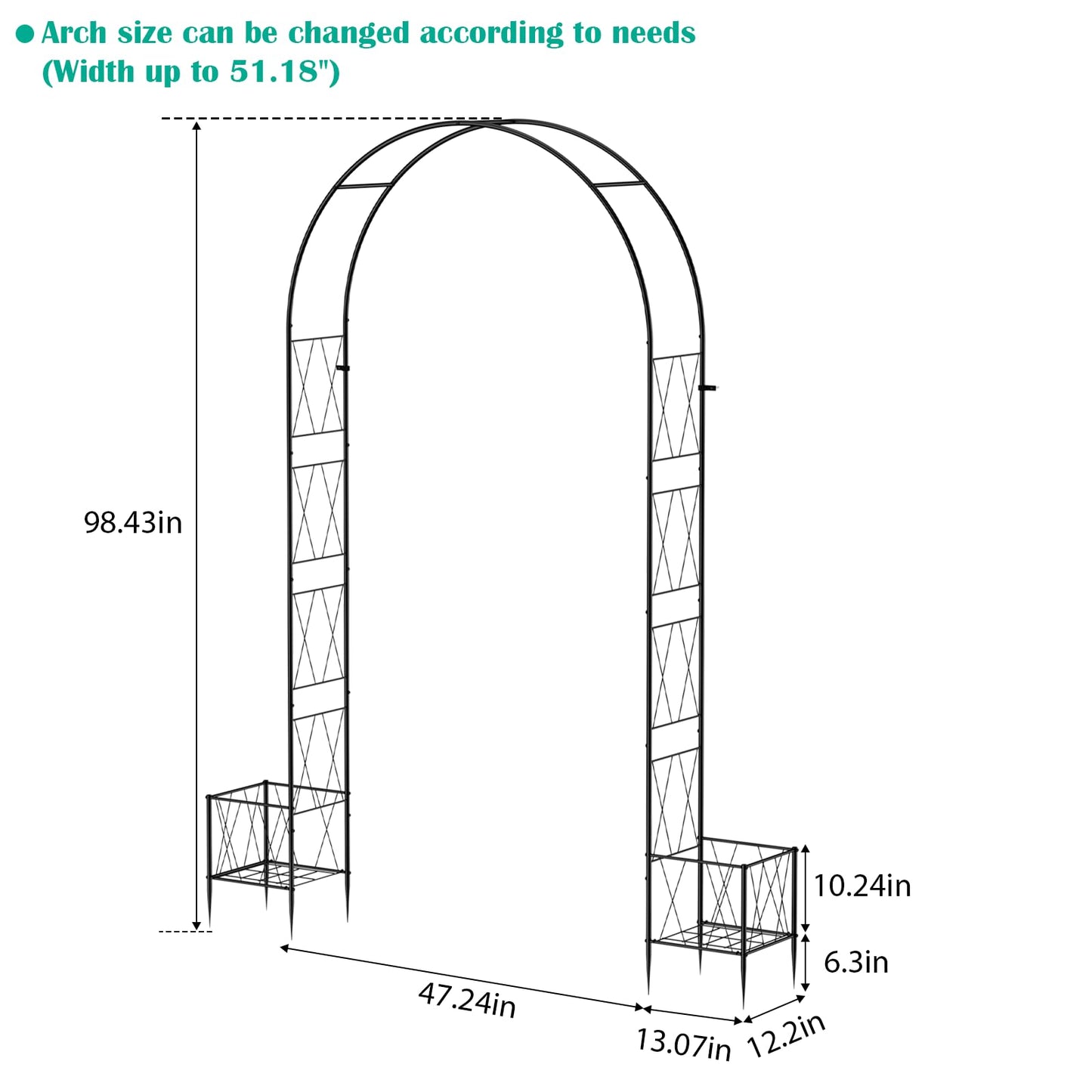 Garden Arch Arbor Trellis with Planter Boxes 8.2 Ft Metal Arch Trellis for Climbing Plants Outdoor, Wedding Arches Backdrop Stand for Ceremony, Halloween, Christmas, Decorations Pergola, Black