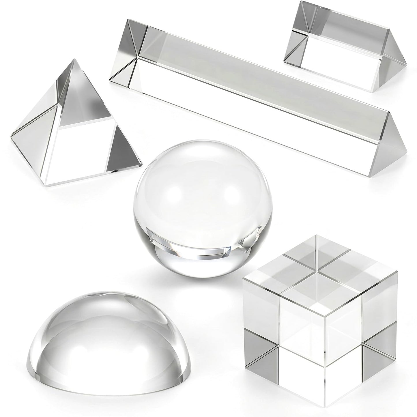 6 Pack K9 Optical Crystal Photography Prism Set Include 50mm and 150mm Clear Triangular Prism 50mm Lens Ball, Cube,Optical Pyramid and 60mm Dome Magnifying for Photography Effects Physics Optics
