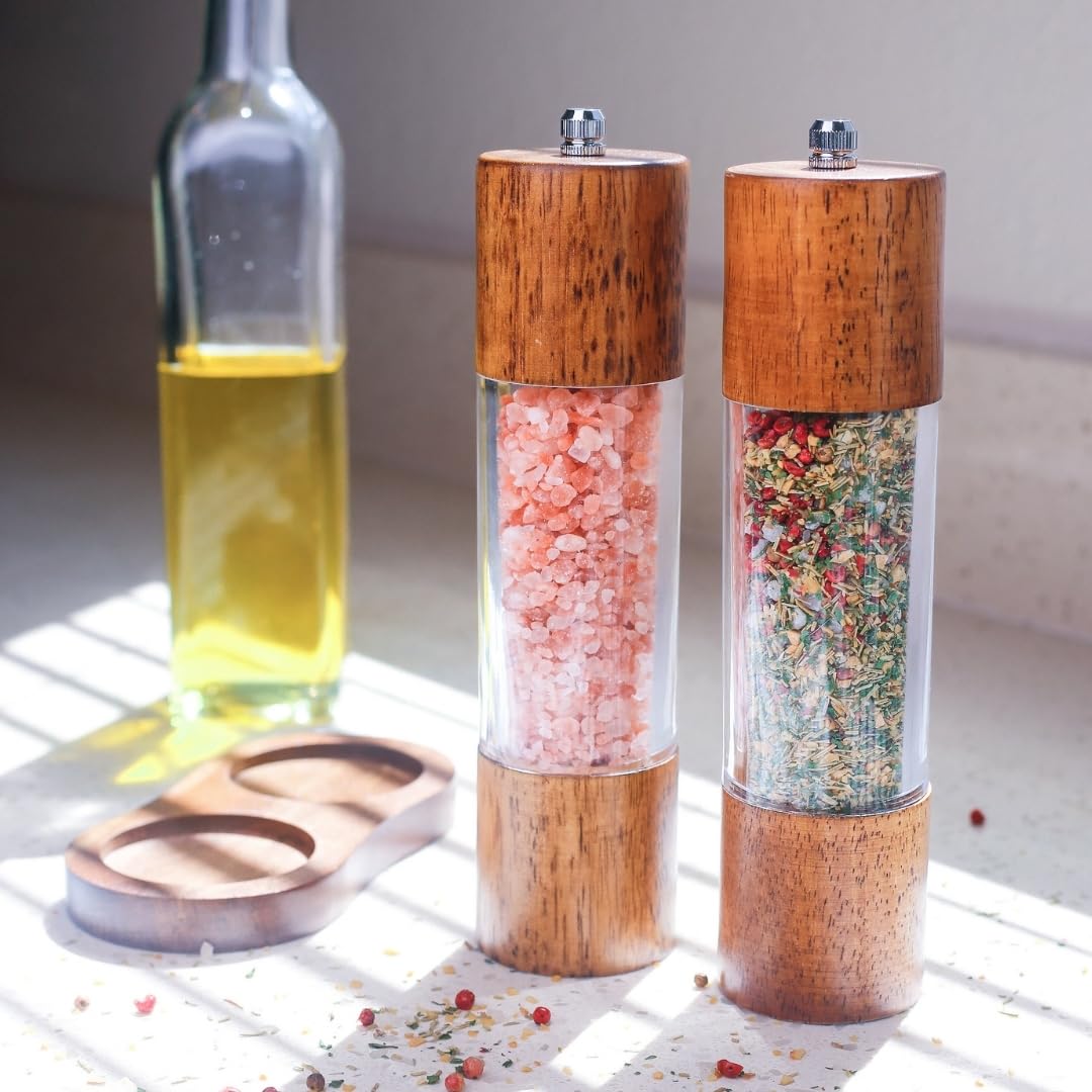 Wooden Salt and Pepper Grinder Set | 8-Inch Manual Acrylic Mills with Adjustable Ceramic Grinding Mechanism | Includes 2 Grinders + Wood Base | Premium Salt and Pepper Grinders by BING-US