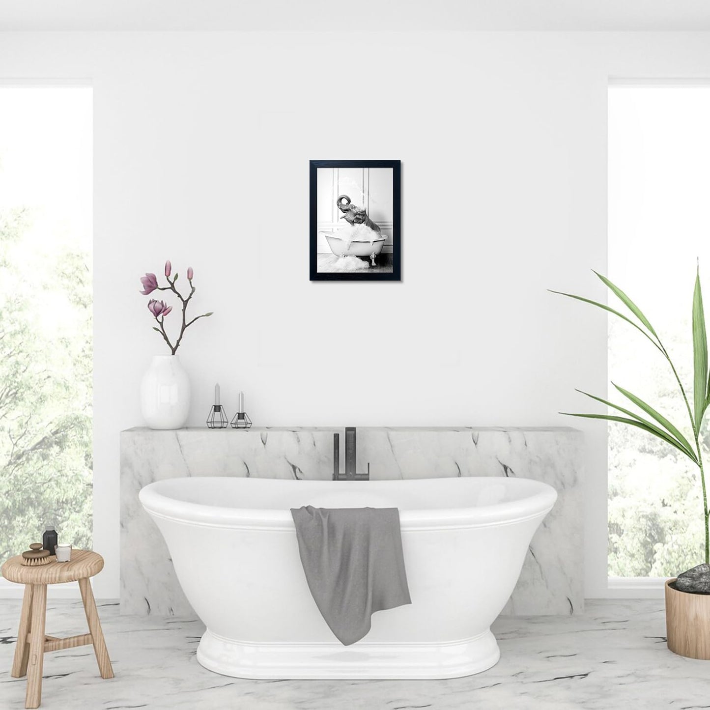 Bathroom Picture Wall Decor, Framed Black and White Bathroom Wall Art, Toilet Paper in Little Funny Raccoon's Hand Animal Canvas Print Painting